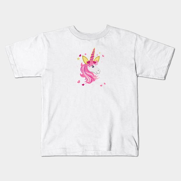 Magical unicorn with pink and red shining heart Kids T-Shirt by GULSENGUNEL